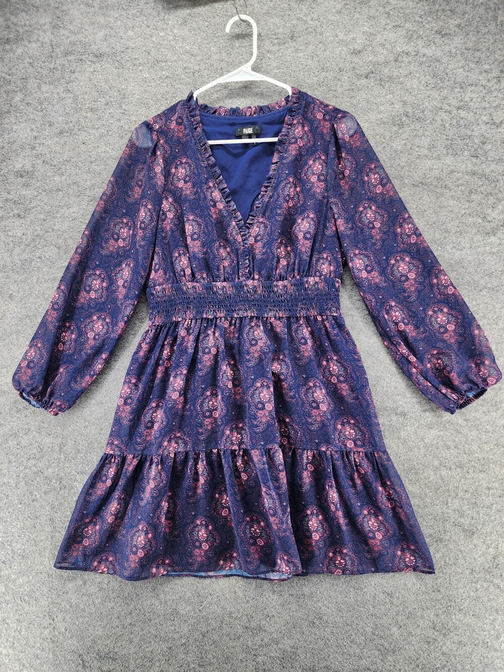 PAIGE Dress Womens Small V Neck Purple Mini Ruffle 3/4 Sleeve